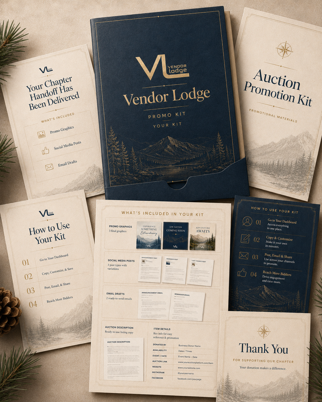 Vendor Lodge kit with a chapter handoff packet, auction graphics, social posts, and email drafts