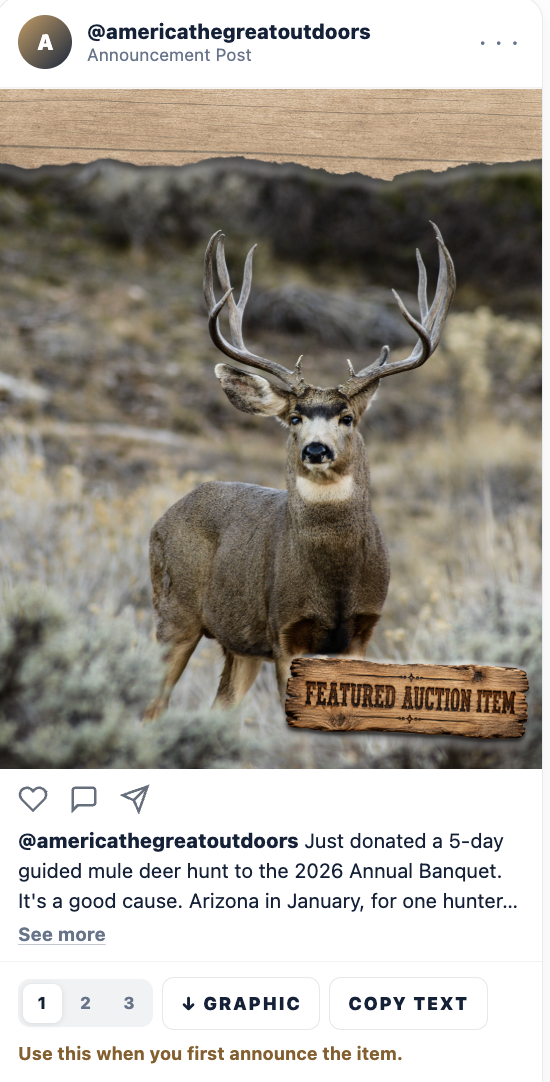 Announcement social post for a donated mule deer hunt
