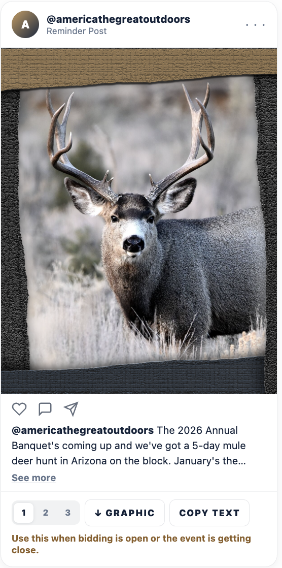 Reminder social post for a donated mule deer hunt